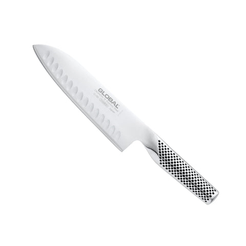 Global 7" Santoku front view showing sleek stainless blade and balanced feel