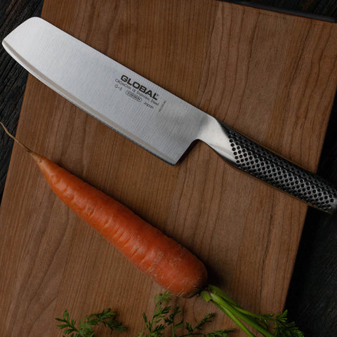 Finger notch close-up on Global handle showing safety feature for controlled handling