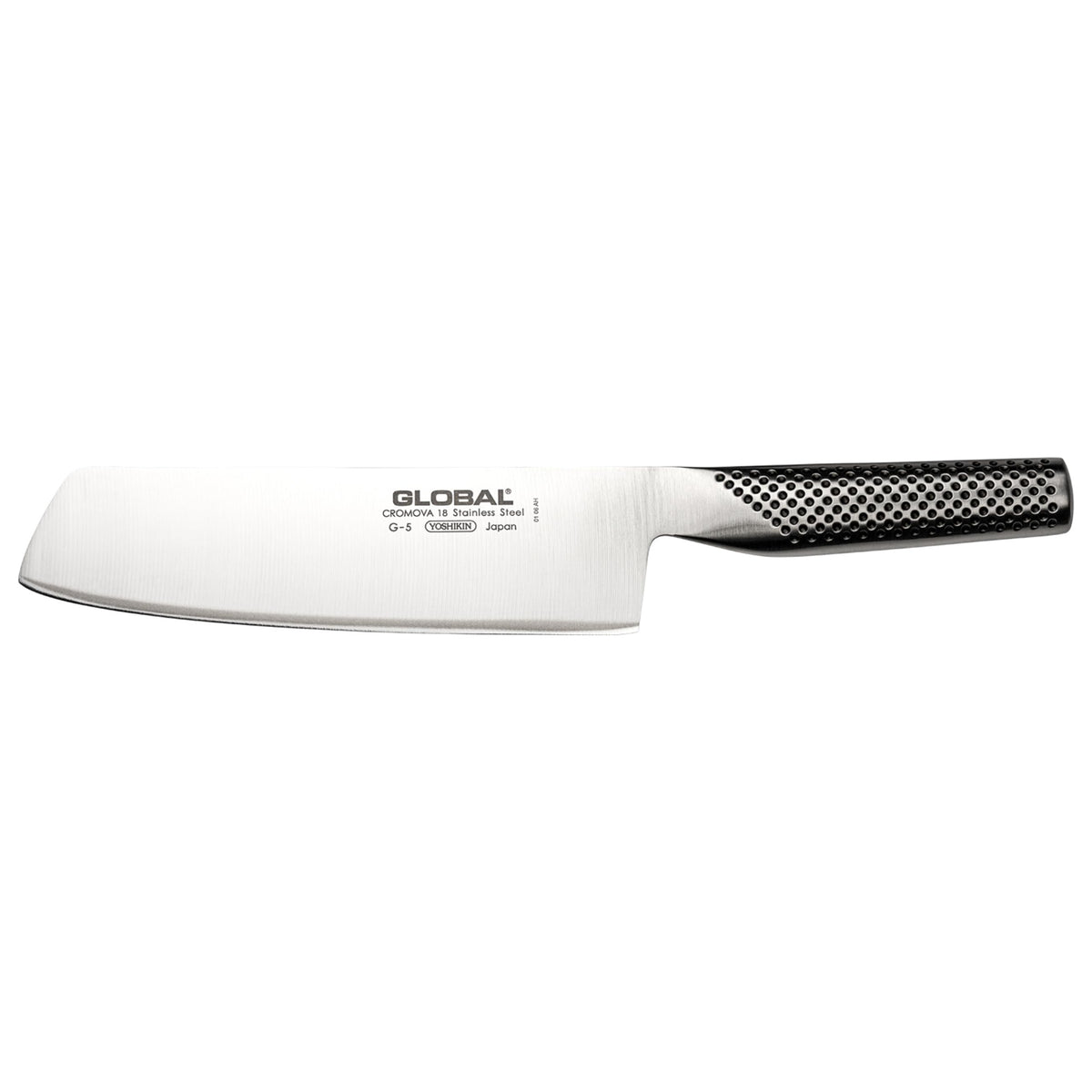 Global 7-inch vegetable knife front view showing full blade and handle for precise prep