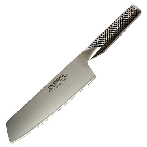 Global 7-inch nakiri chopping vegetables on cutting board demonstrating fast, even cuts