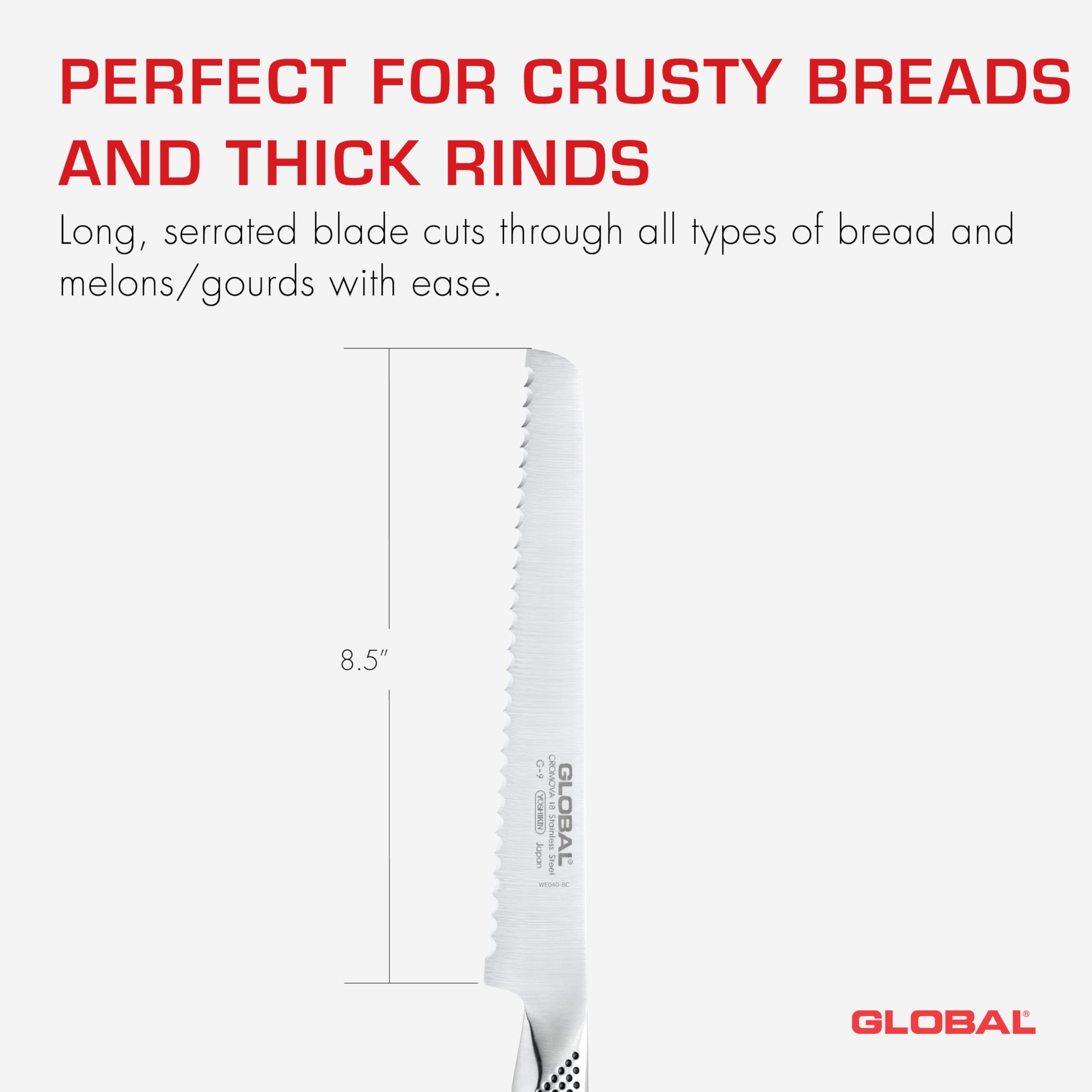 Global knife next to ruler showing 22cm length for size clarity