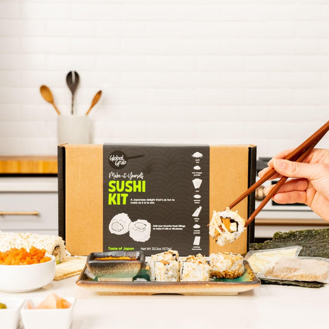 Global Grub ingredients flatlay showing kit items and what to add