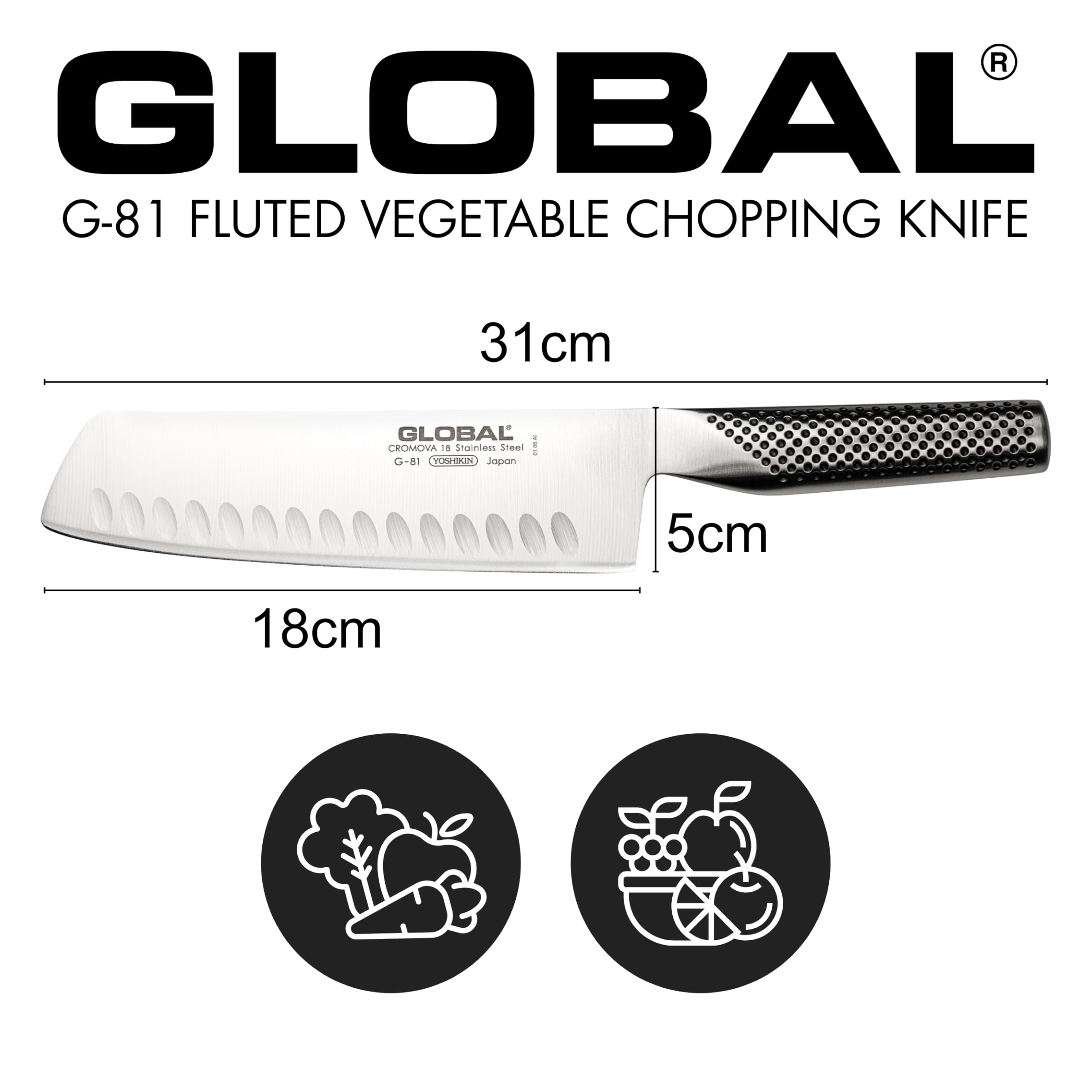 Global knife handle detail with dimpled grip, ergonomic comfort benefit