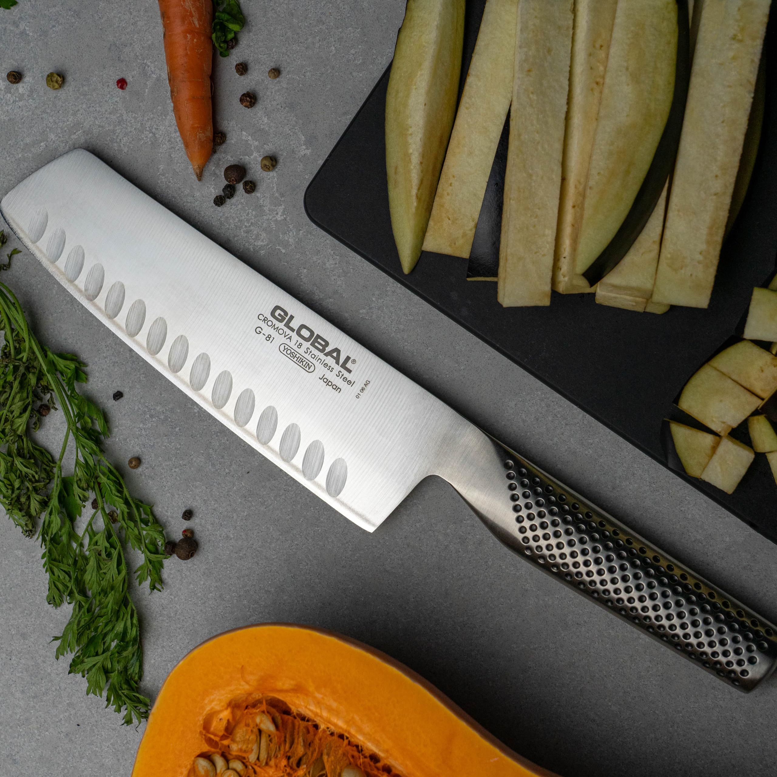 Global nakiri chopping vegetables in use, speeds prep and clean slicing