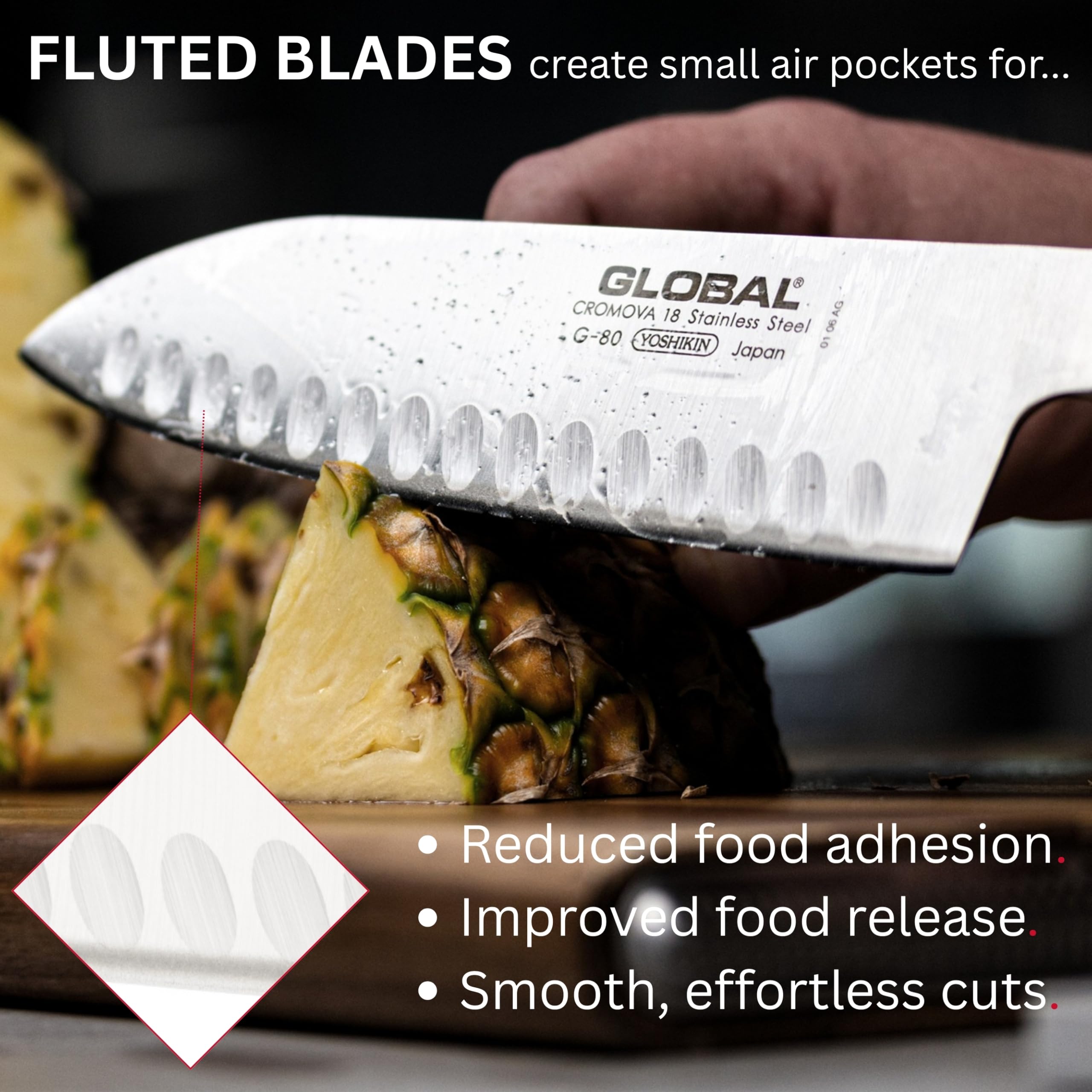 Global nakiri edge showing scalloped hollows, improved slice release benefit
