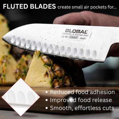 Global nakiri edge showing scalloped hollows, improved slice release benefit