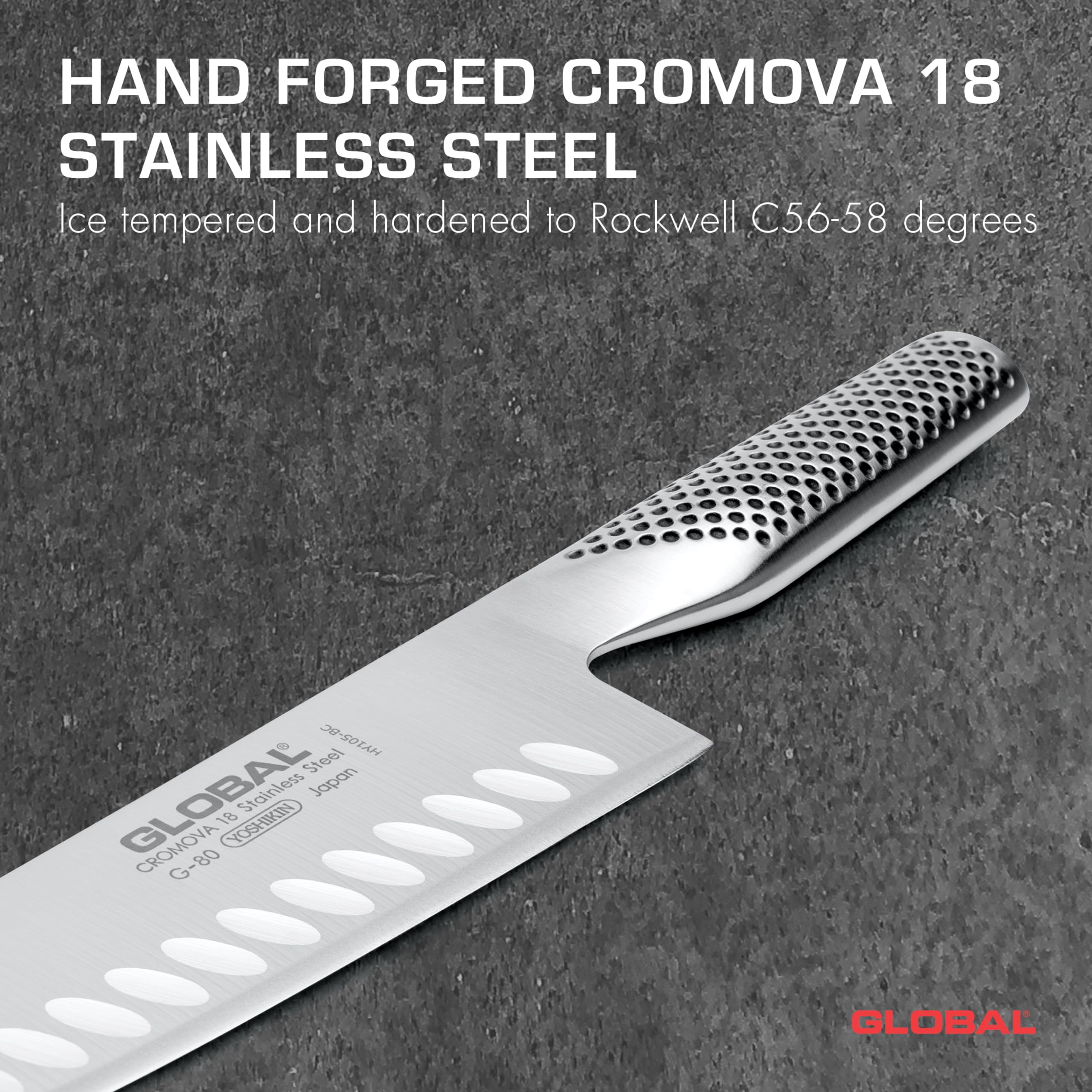 Global scalloped hollow-ground blade close-up reducing food sticking