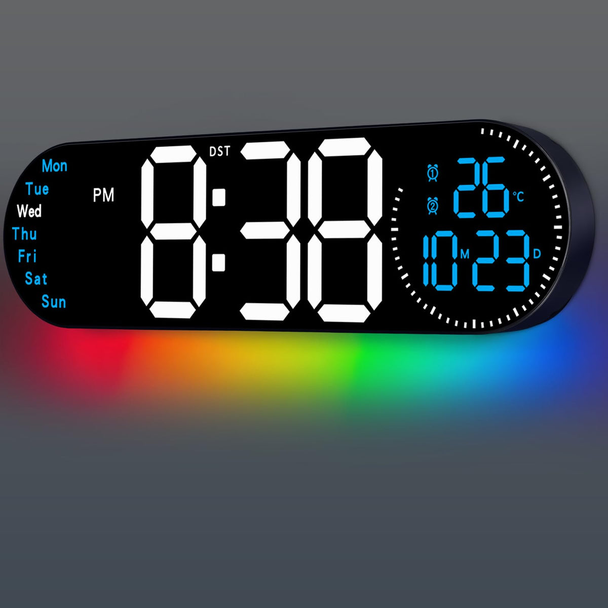 GLOKUUCA front view showing bright blue LED clock and clear digits for easy reading