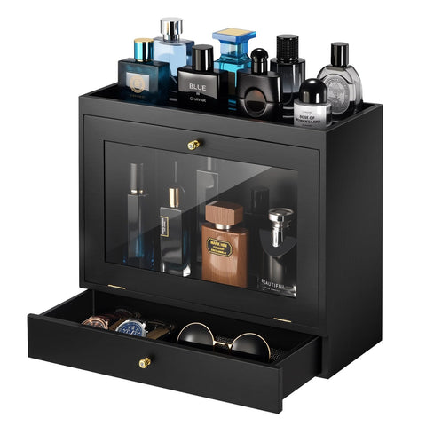 GLOKUUCA front view showing black wood organizer protecting and displaying colognes