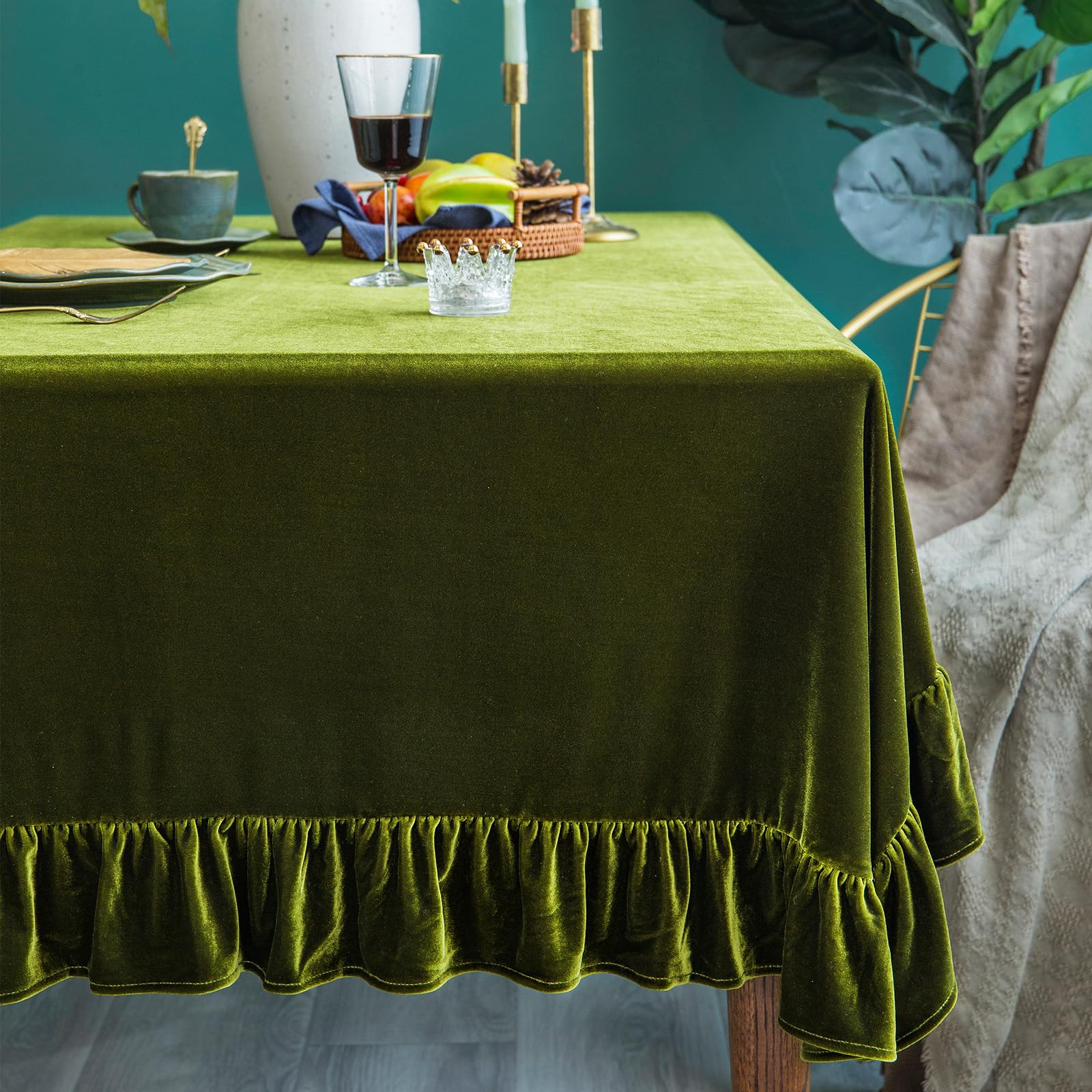 GLORY SEASON front view of velvet tablecloth showing elegant full coverage and color
