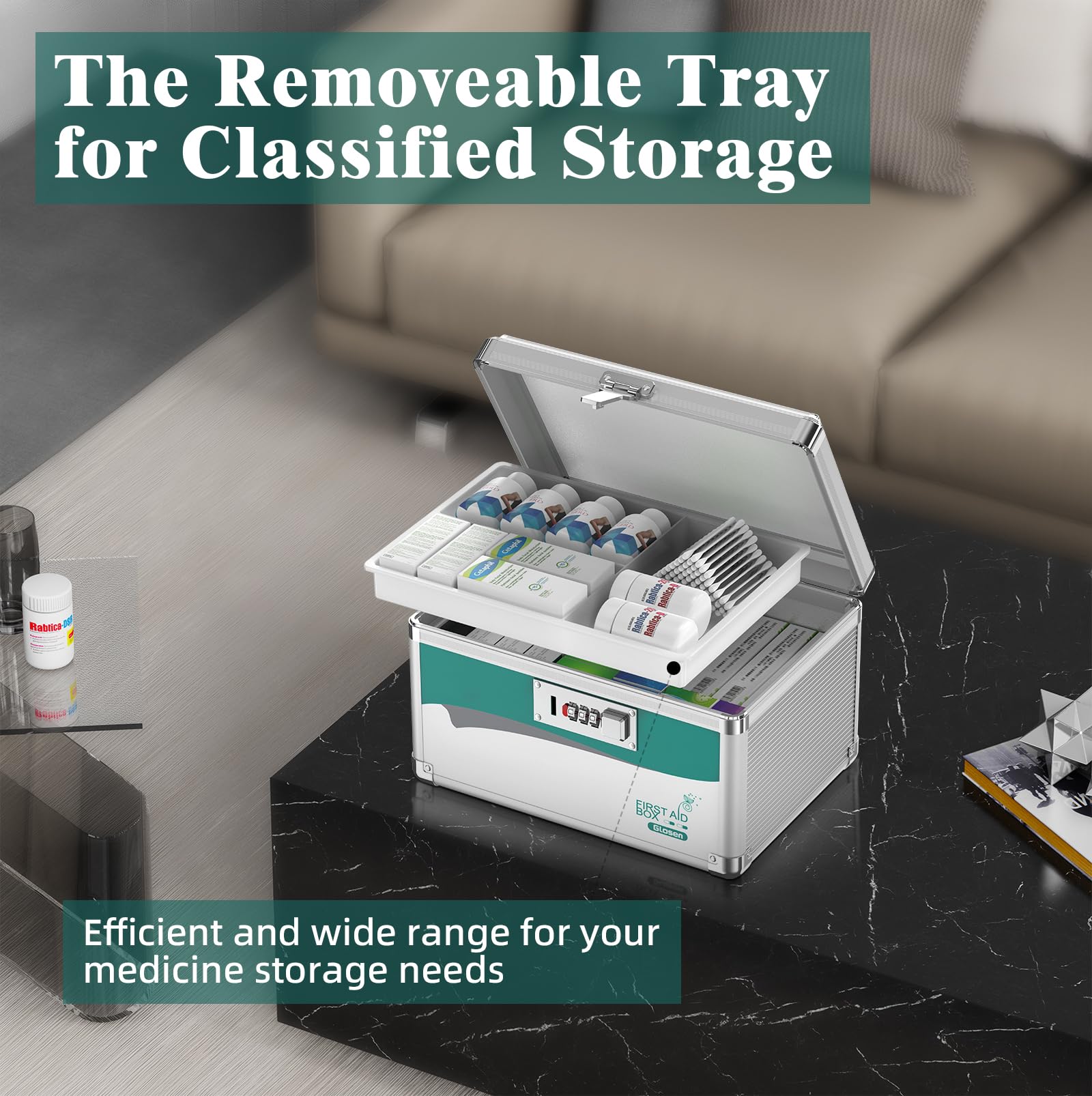 Glosen open with removable tray displaying organized pills and small items
