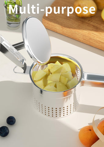 GloTika in use pressing potatoes into bowl demonstrating fast, smooth output
