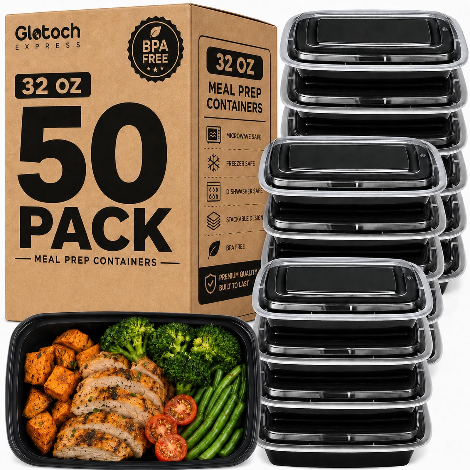 Glotoch Express front packaging showing 100-piece meal prep set and clear benefits