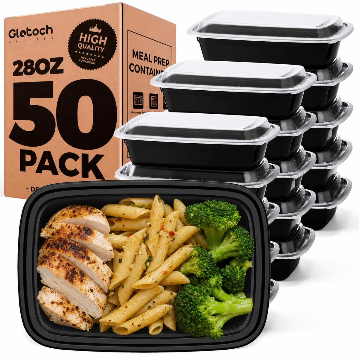 Glotoch front pack showing 28 oz 50‑pack and included lids benefits organized storage