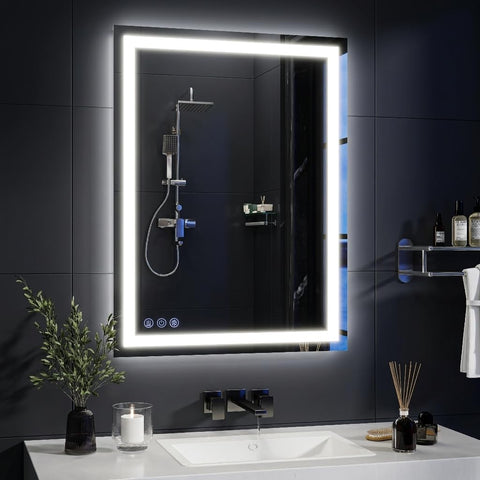 GLSLAND front view of 24x36 LED mirror showing even lighting and clear reflection