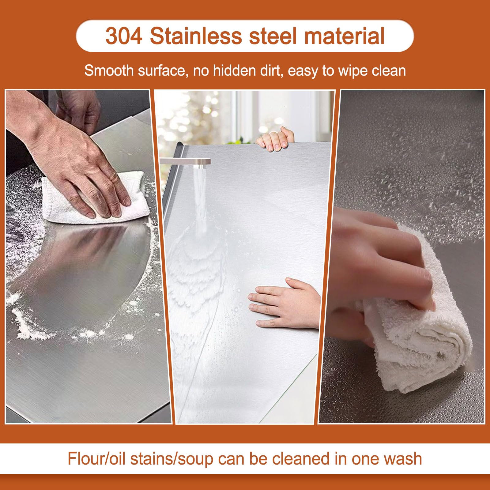 Glyncipher close-up of brushed 304 stainless steel texture, resists stains and odors