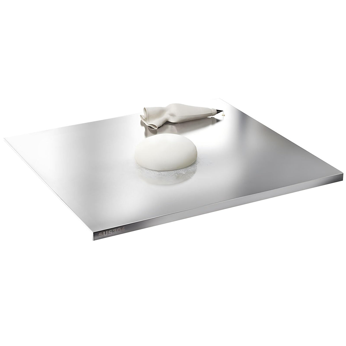 Glyncipher front view of stainless steel cutting board showing full surface and lip, durable workspace
