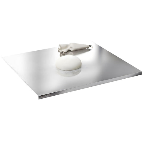 Glyncipher front view of stainless steel cutting board showing full surface and lip, durable workspace