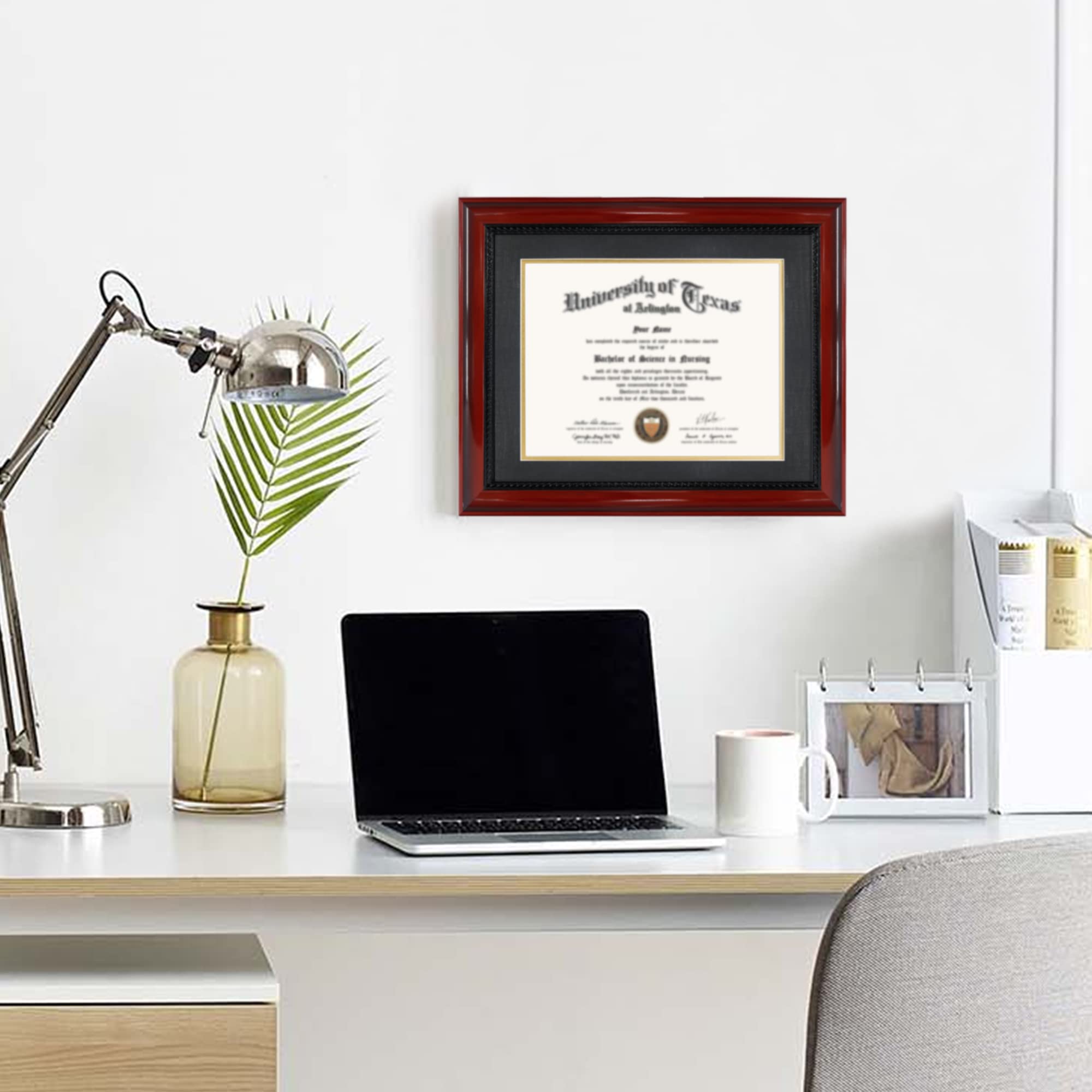 GMFrames framed diploma in office setting enhancing decor and professional display