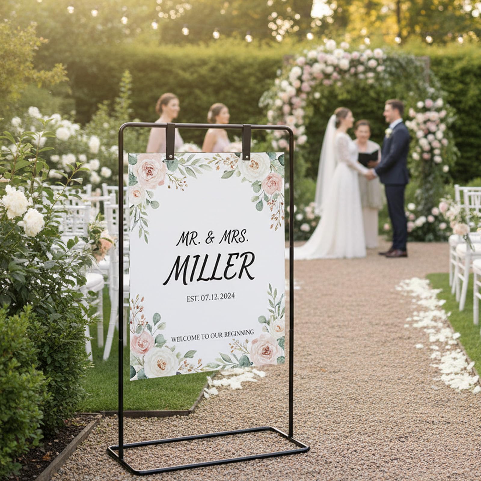 GMFRXII easel set on grass at an outdoor ceremony demonstrating weather-ready stability