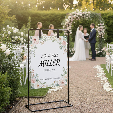 GMFRXII easel set on grass at an outdoor ceremony demonstrating weather-ready stability