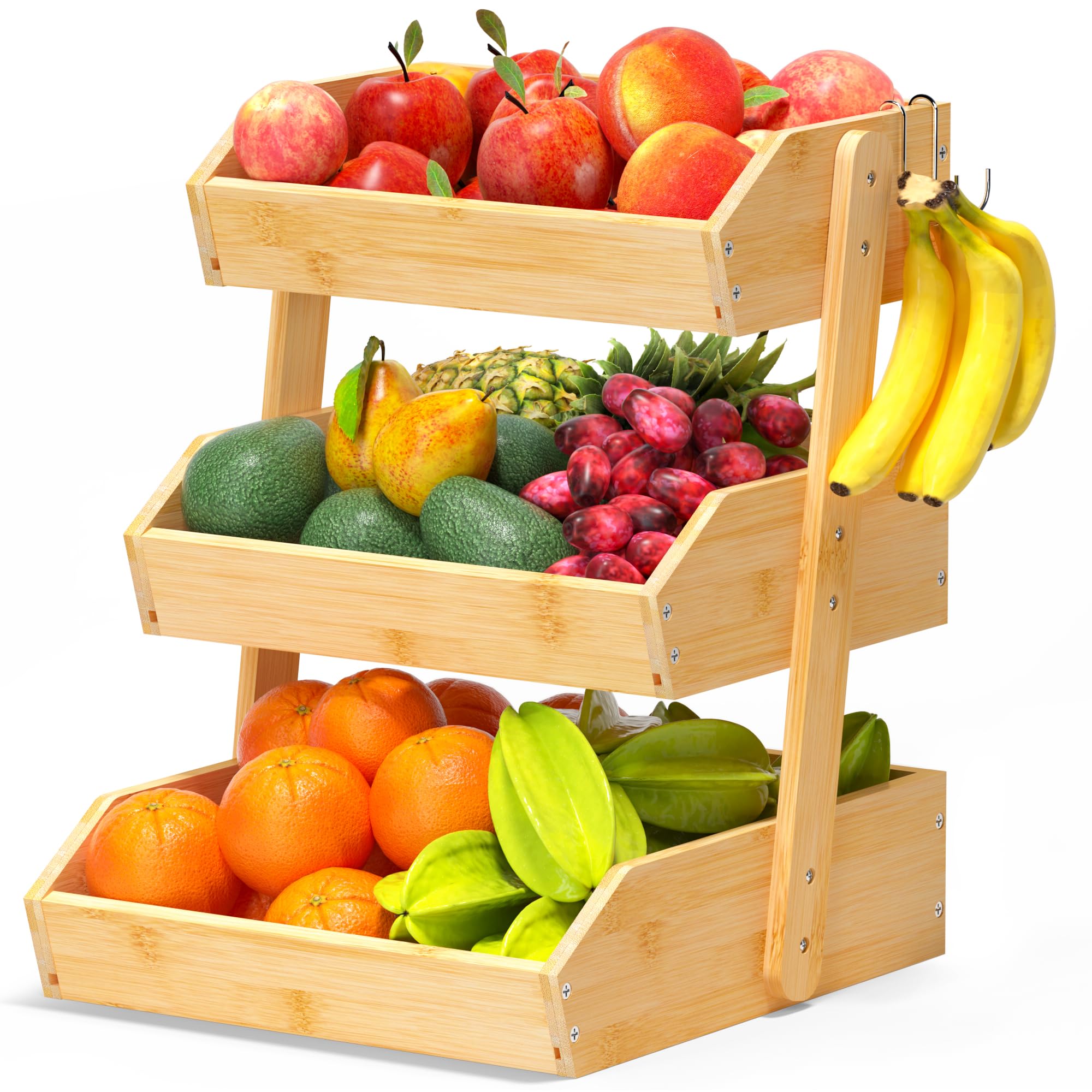 Gmtsl bamboo fruit basket front view showing organized countertop storage