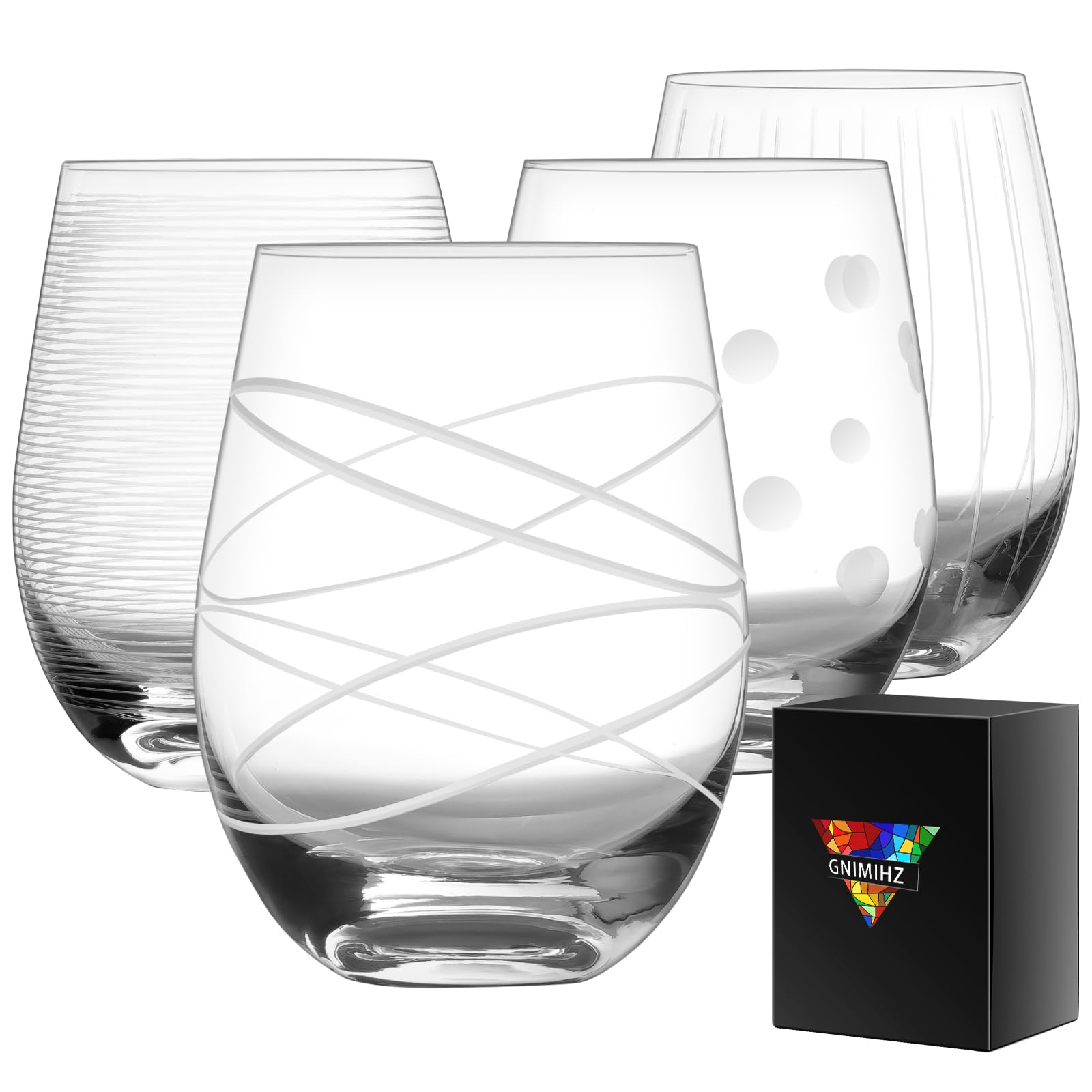 Gnimihz front packaging showing four etched stemless glasses and protective box, gift-ready