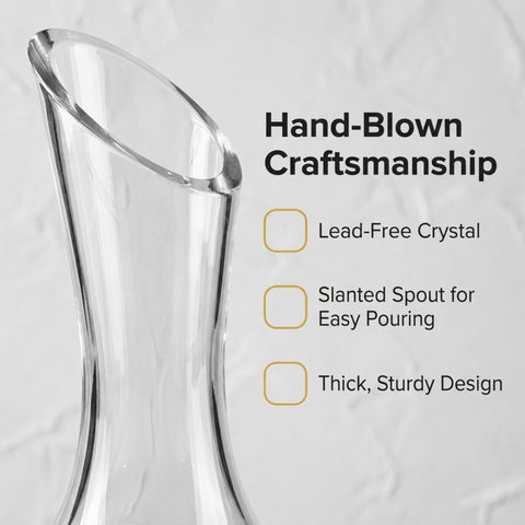 Godinger decanter close-up rim showing hand-blown glass detail and smooth pour benefit