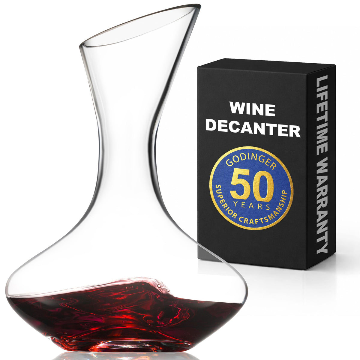 Godinger decanter front view showing elegant aerating shape and presentation benefit