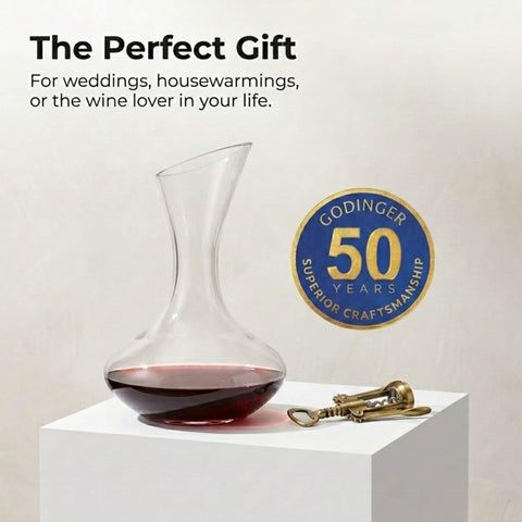 Godinger decanter beside a 750ml bottle showing full-bottle capacity and scale benefit