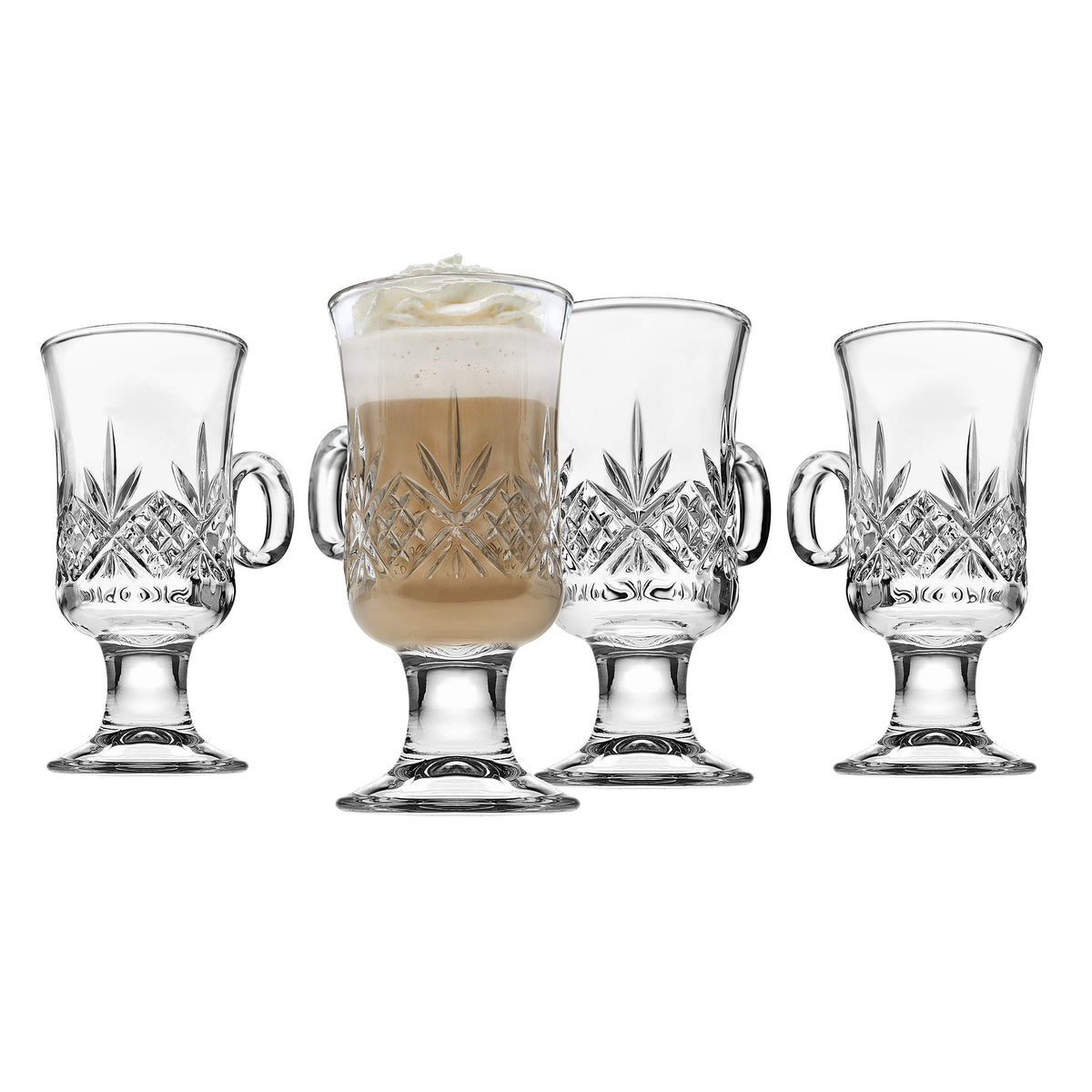 Godinger Dublin front view showing four 6oz mugs and elegant presentation benefit