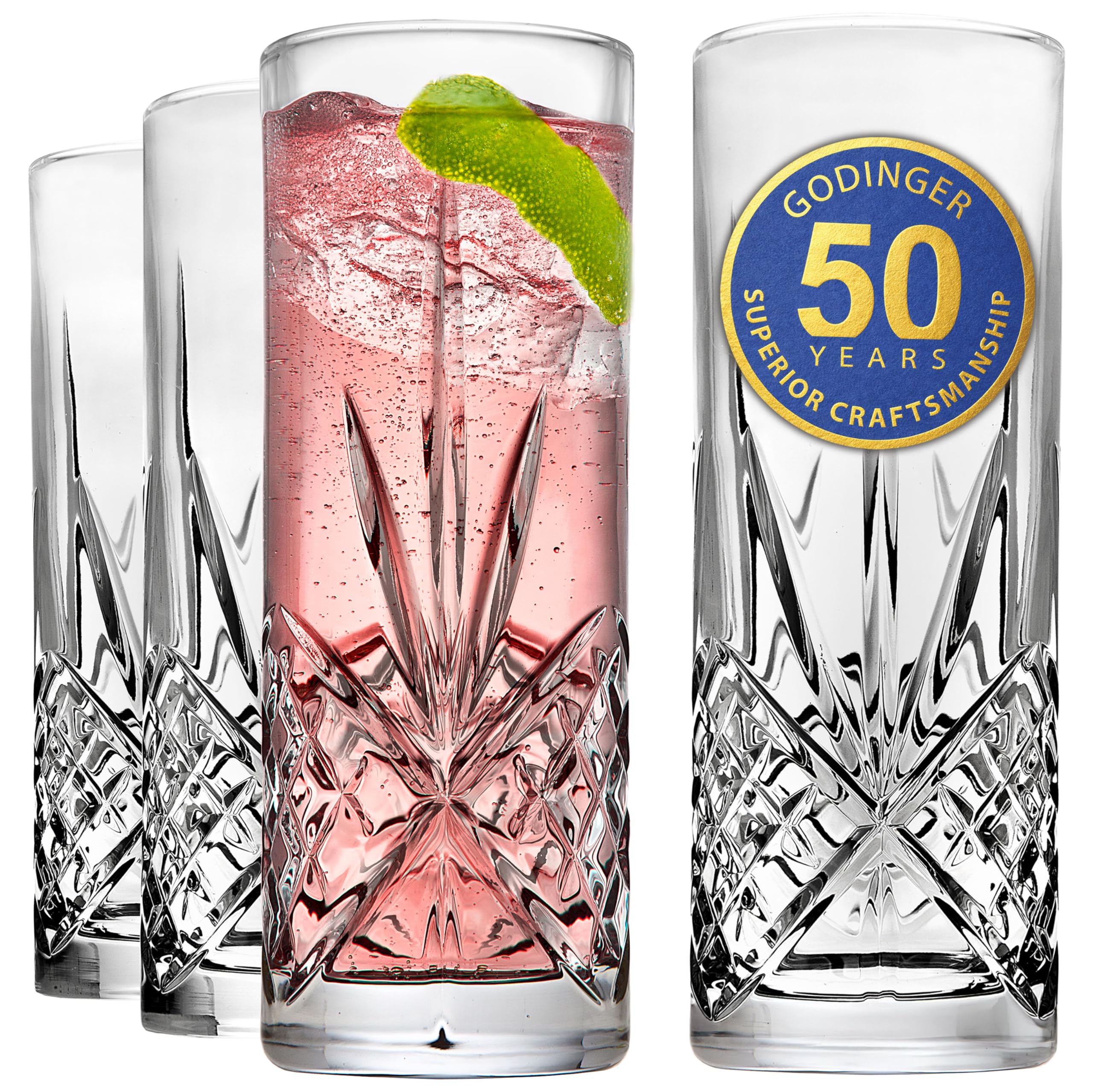 Godinger front packaging showing set of four glasses and elegant presentation benefits