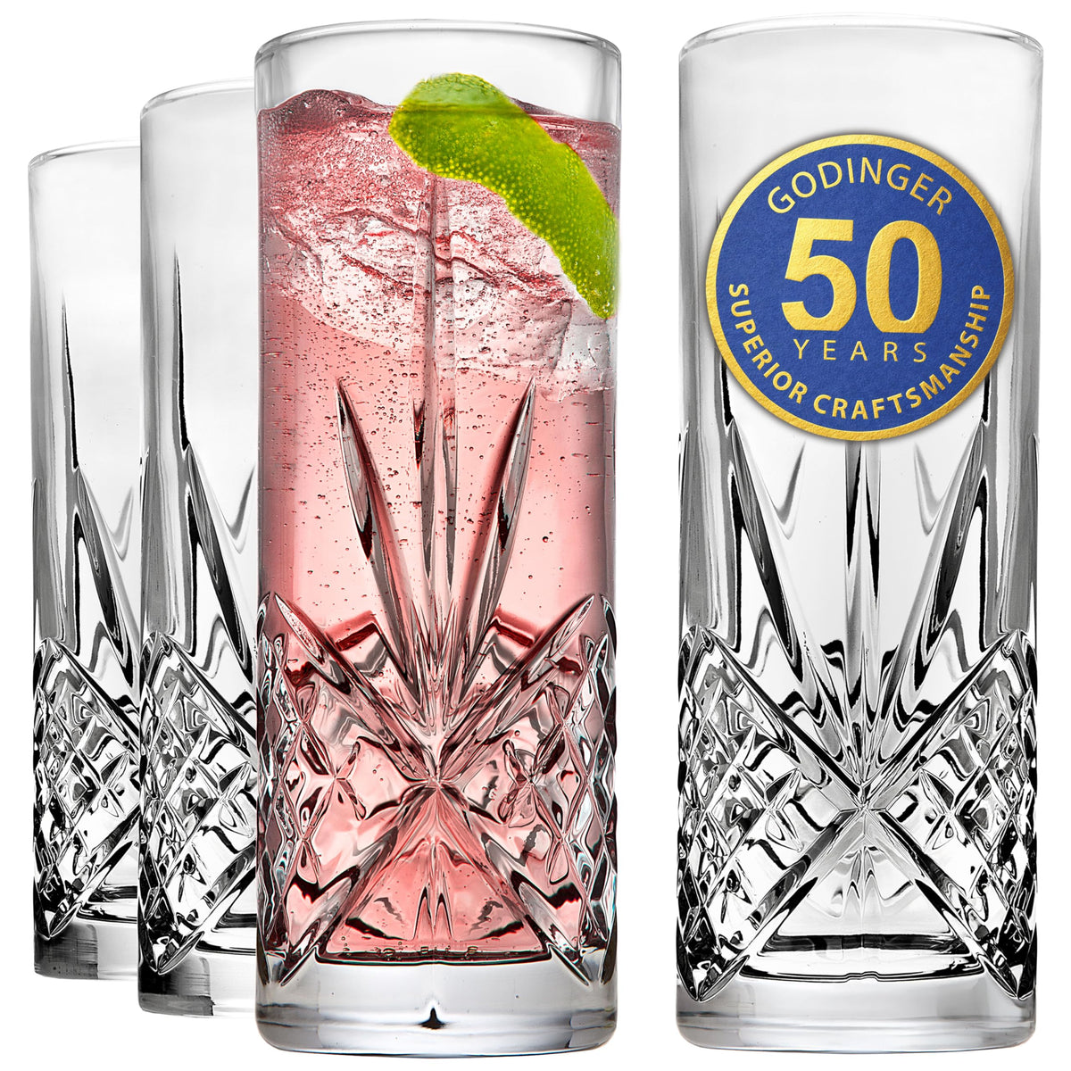 Godinger front packaging showing set of four glasses and elegant presentation benefits