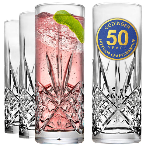 Godinger front packaging showing set of four glasses and elegant presentation benefits
