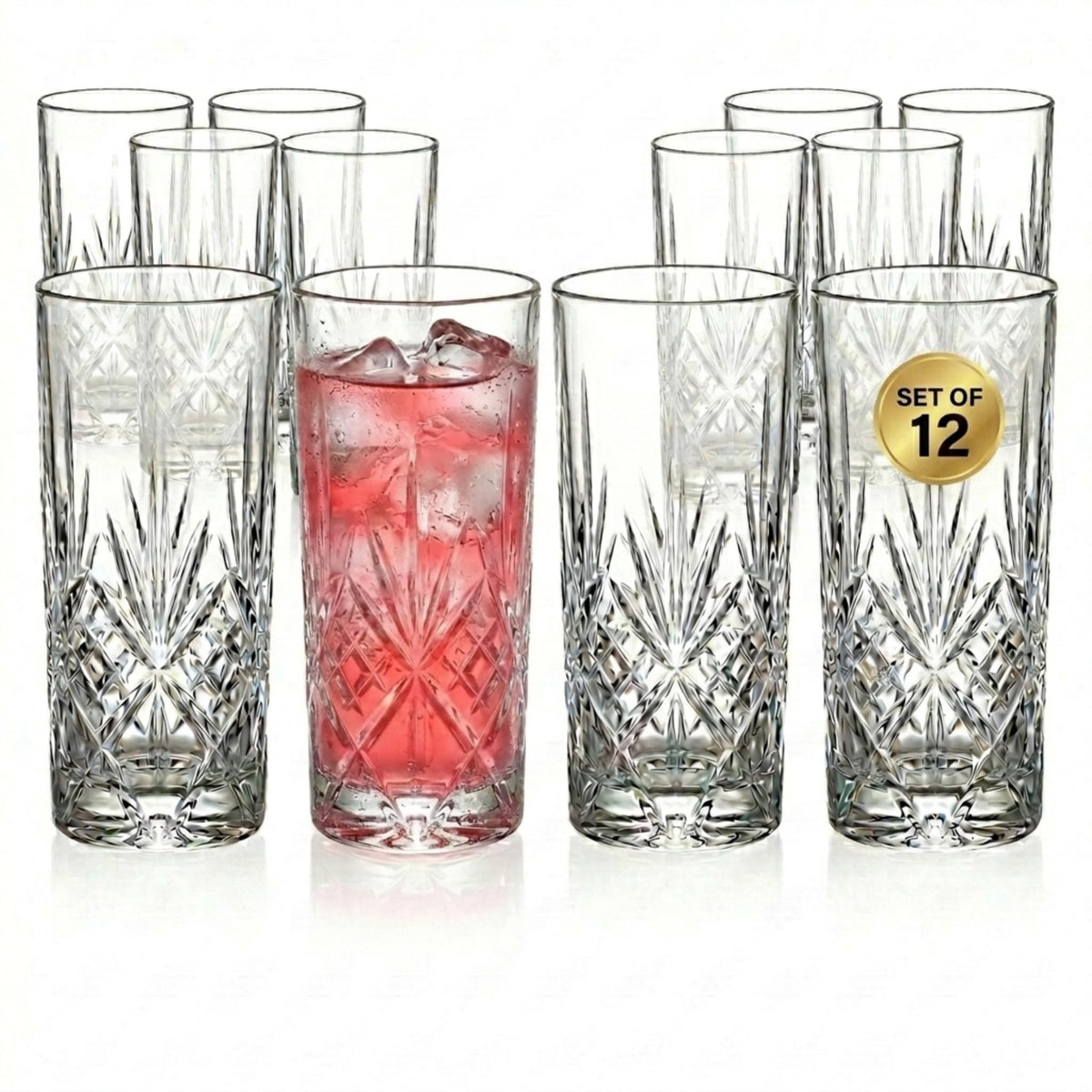 Godinger Dublin front view showing twelve highball glasses and elegant styling