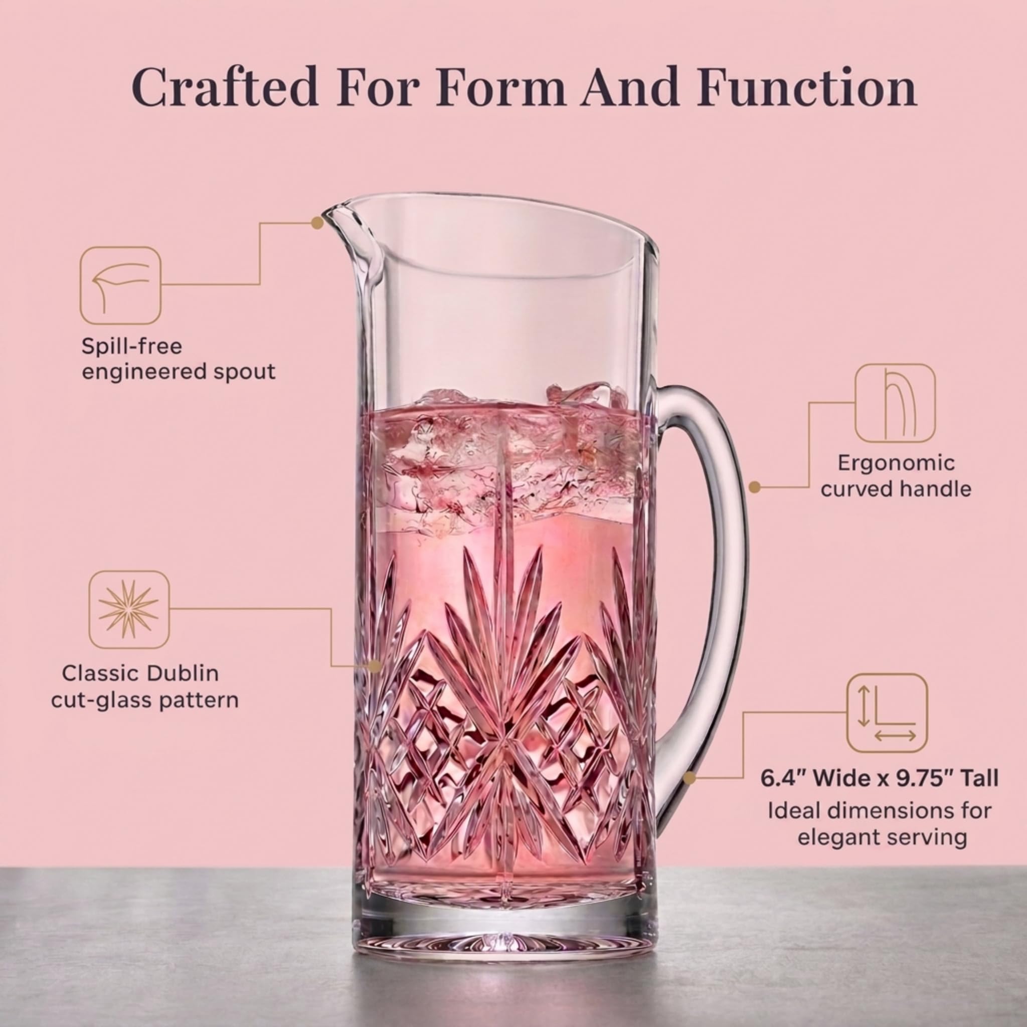 Godinger Dublin pitcher close-up of tapered spout for drip-free pouring benefit