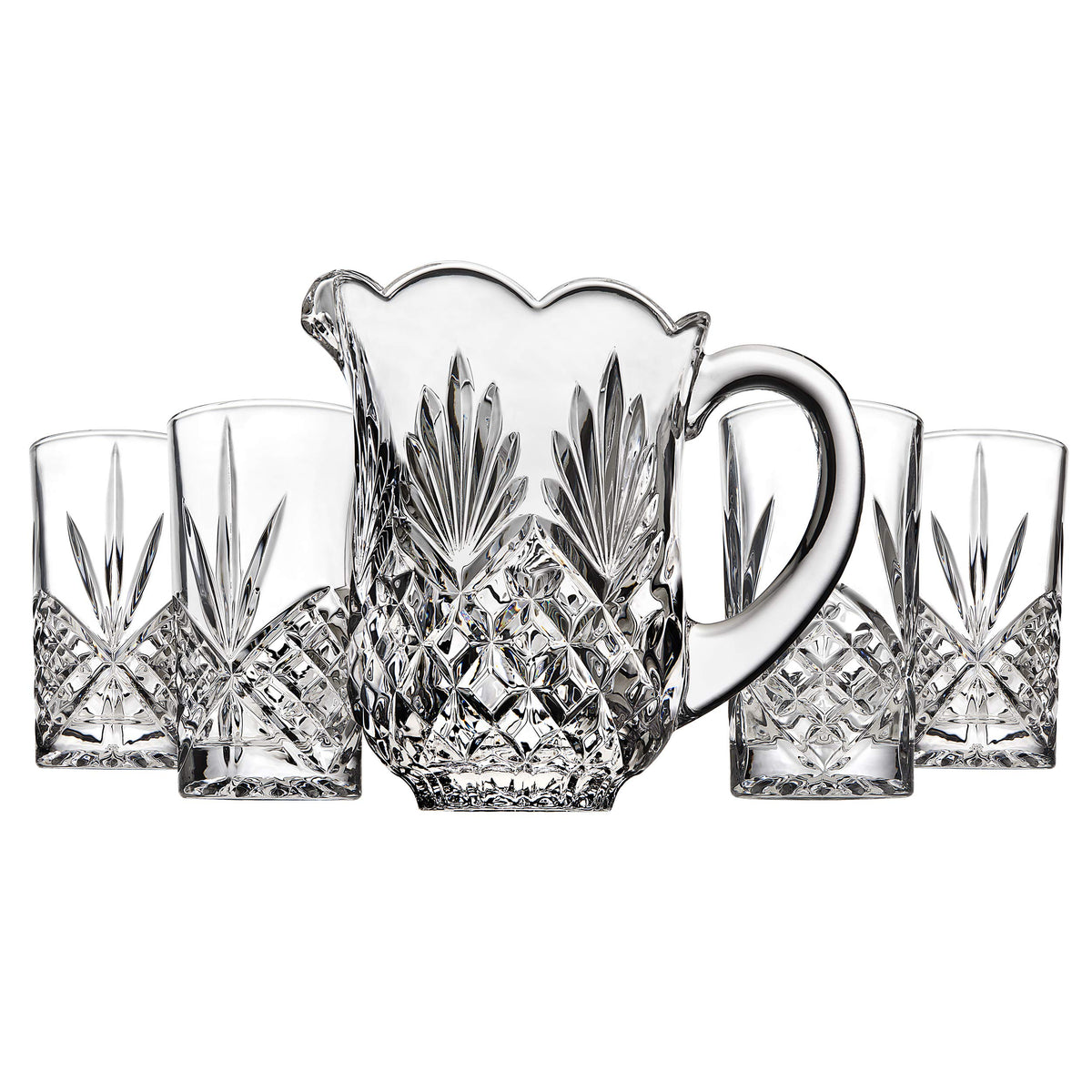 Godinger pitcher front view showing crystal brilliance and pour benefit