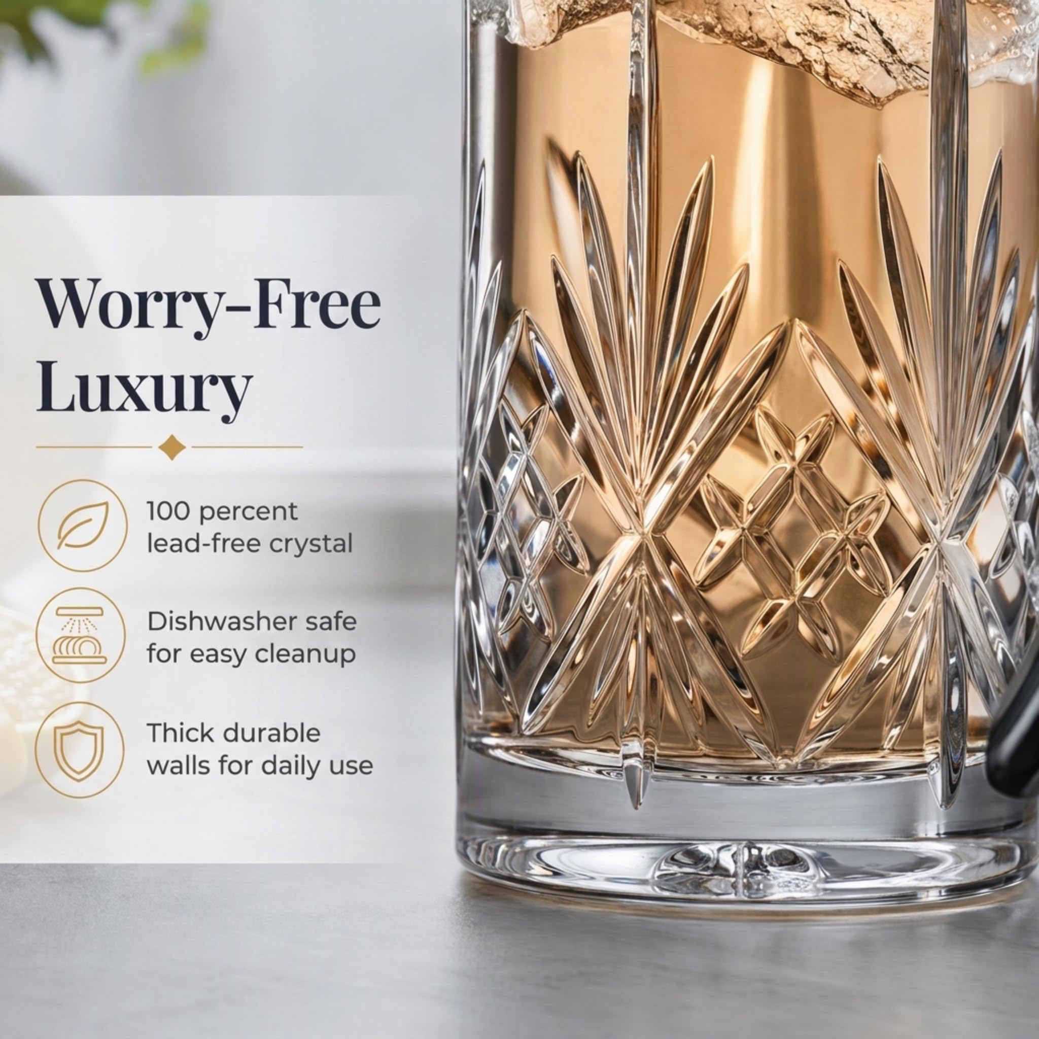 Godinger Dublin pitcher next to glass illustrating 34oz capacity and portioning