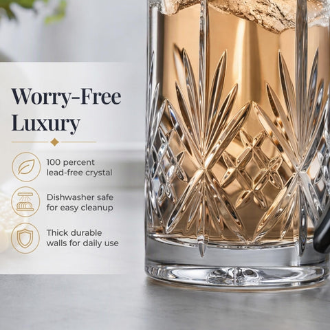 Godinger Dublin pitcher next to glass illustrating 34oz capacity and portioning