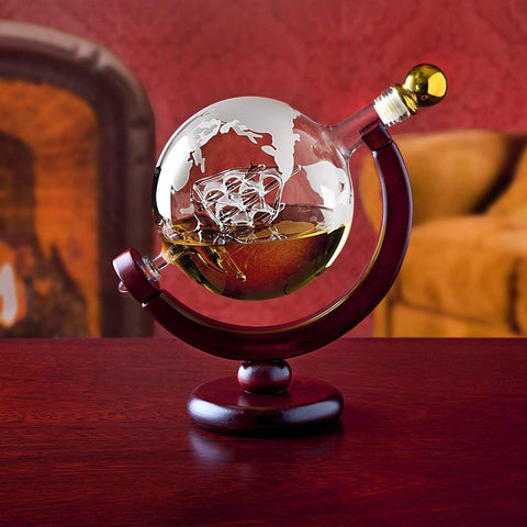 Godinger decanter on mahogany-stained wood stand presenting stable elevated display