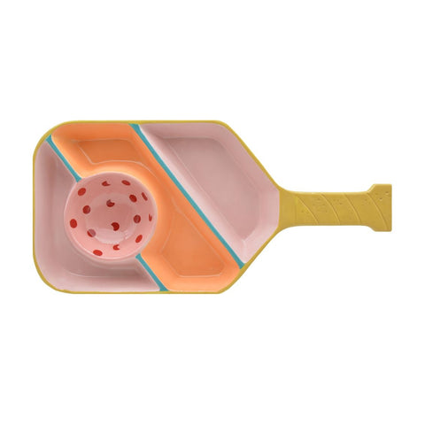Godinger blue pickleball paddle platter front view showing chip and dip separation for tidy serving