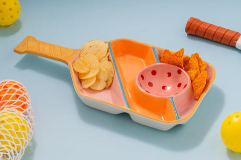 Godinger platter in use on table with chips and dip illustrating easy entertaining and eye-catching design