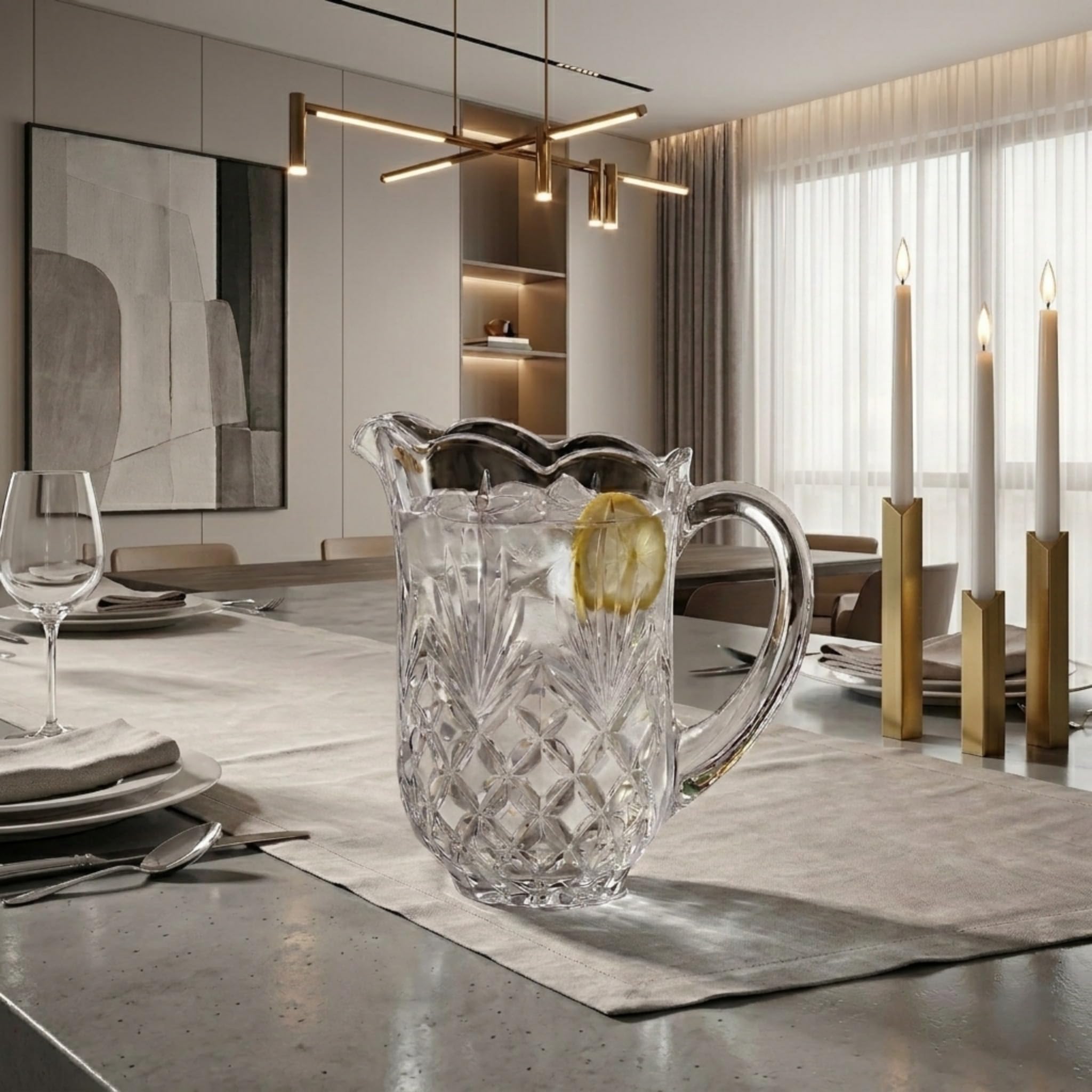 Godinger Shannon pitcher in use on table setting enhancing entertaining elegance