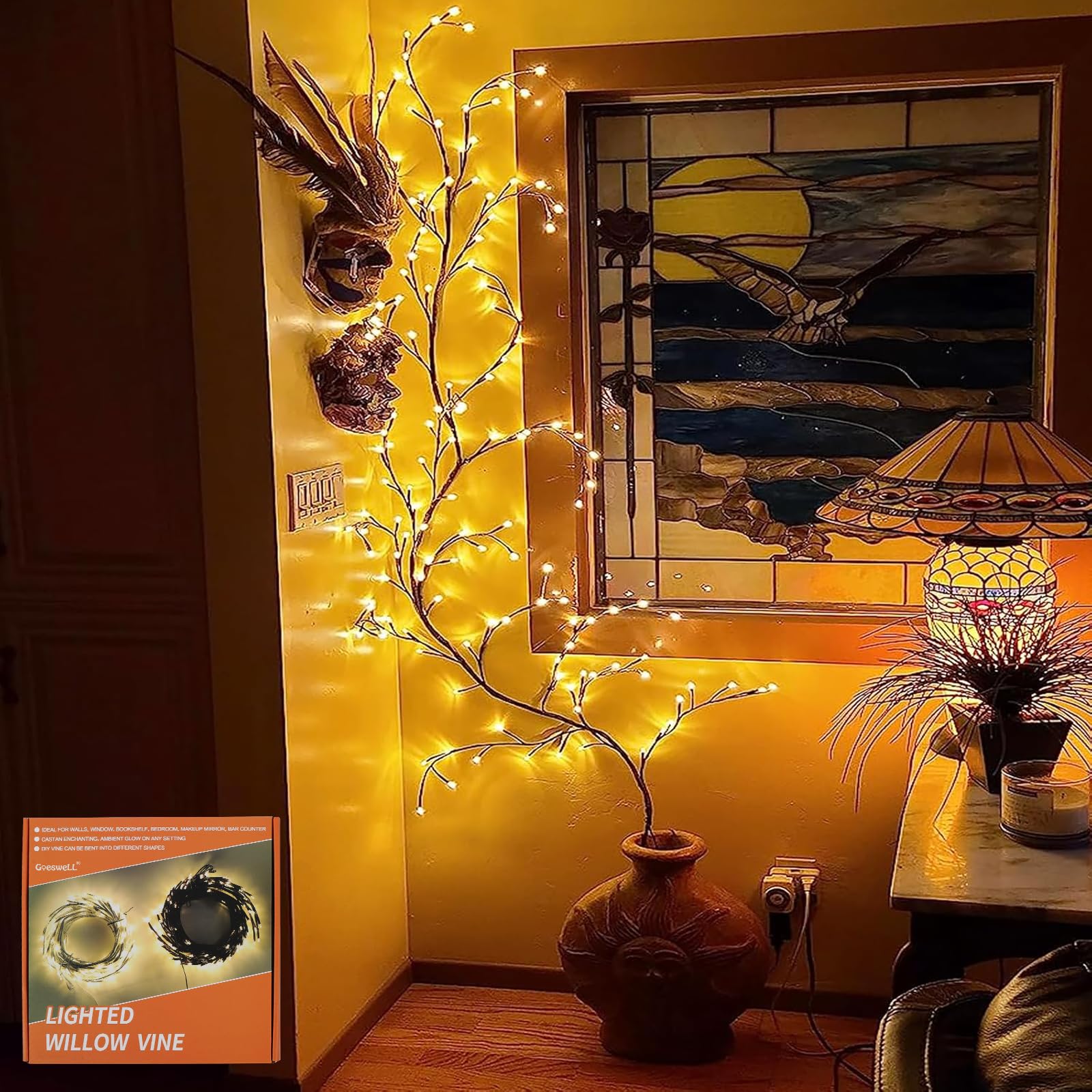 GOESWELL vine wrapped around curtain rod for decorative accent lighting