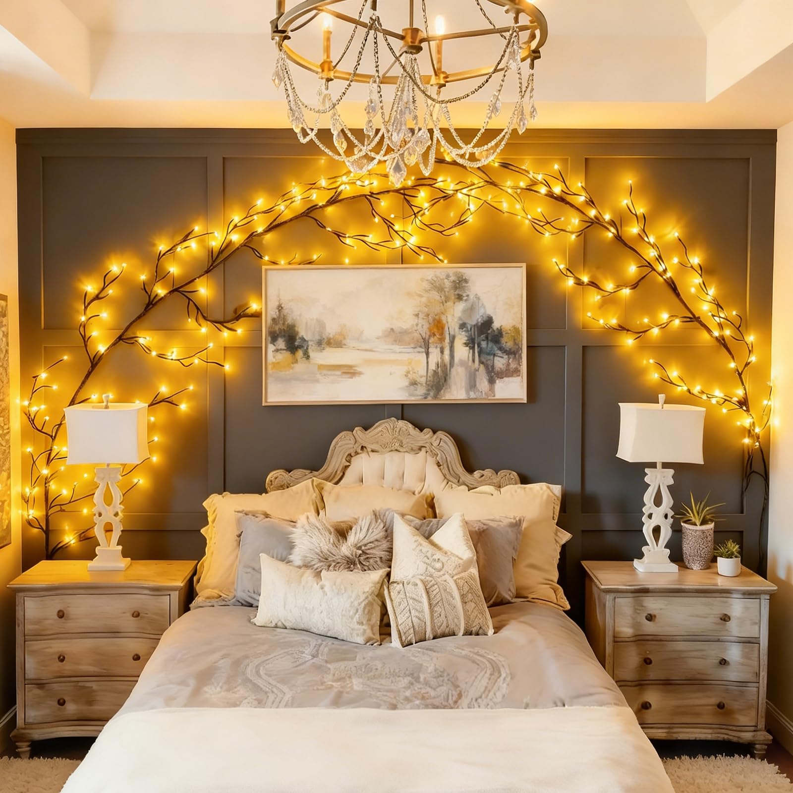 GOESWELL vine draped over mantel creating cozy warm-white ambiance