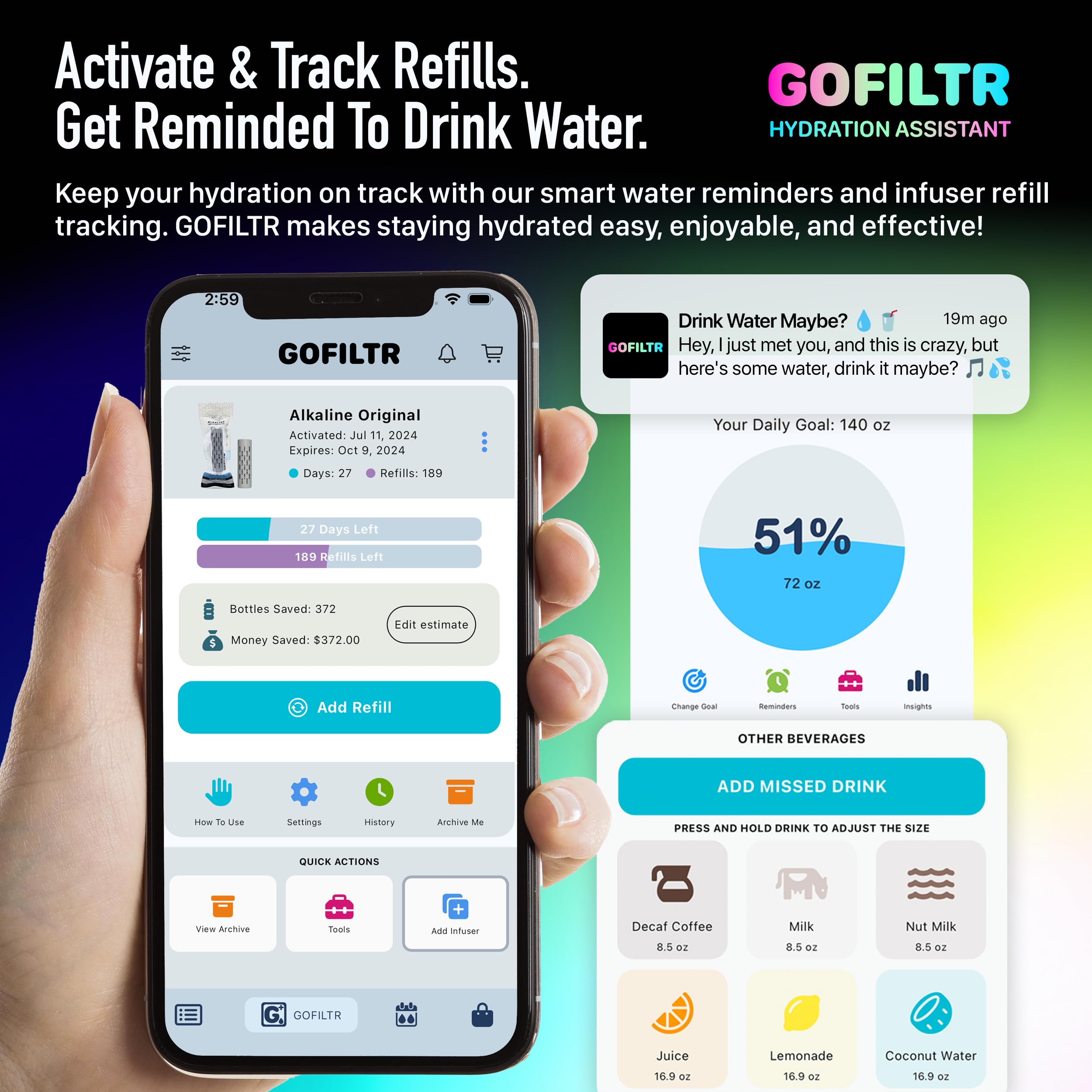 GOFILTR infuser resting in a glass pitcher showing compatibility with home pitchers