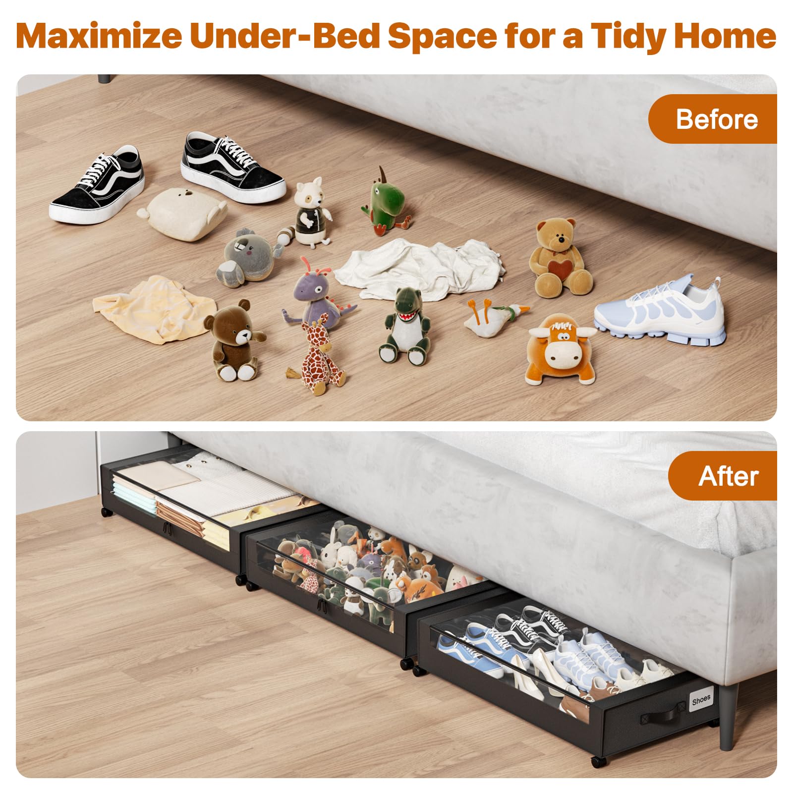 GoFujuco lifestyle bedroom scene showcasing tidy storage and space-saving benefit