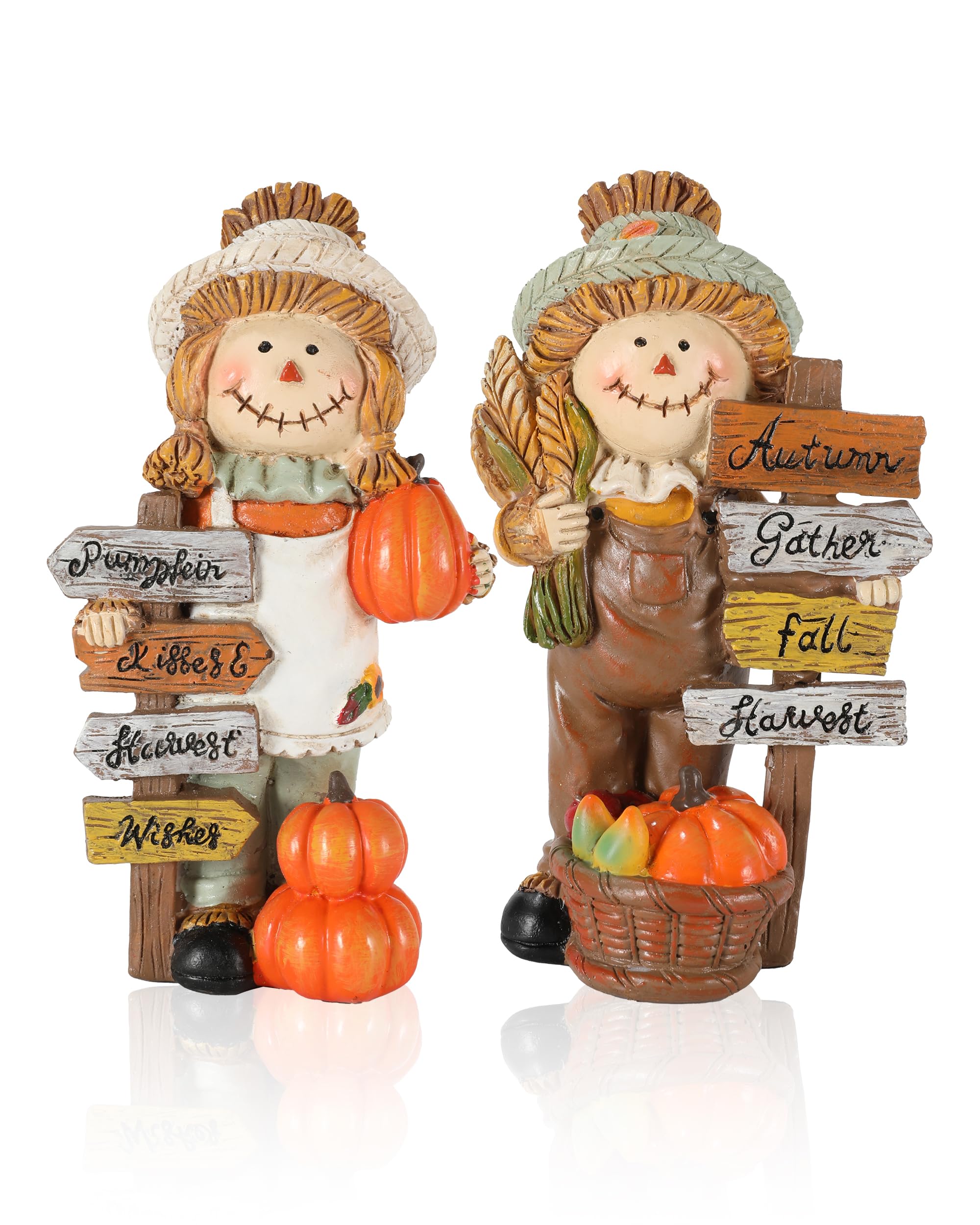 GoGnome front view of two scarecrow figurines showing friendly faces and plaques for warm seasonal display