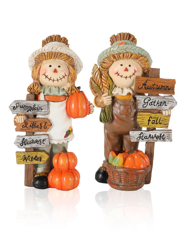 GoGnome front view of two scarecrow figurines showing friendly faces and plaques for warm seasonal display