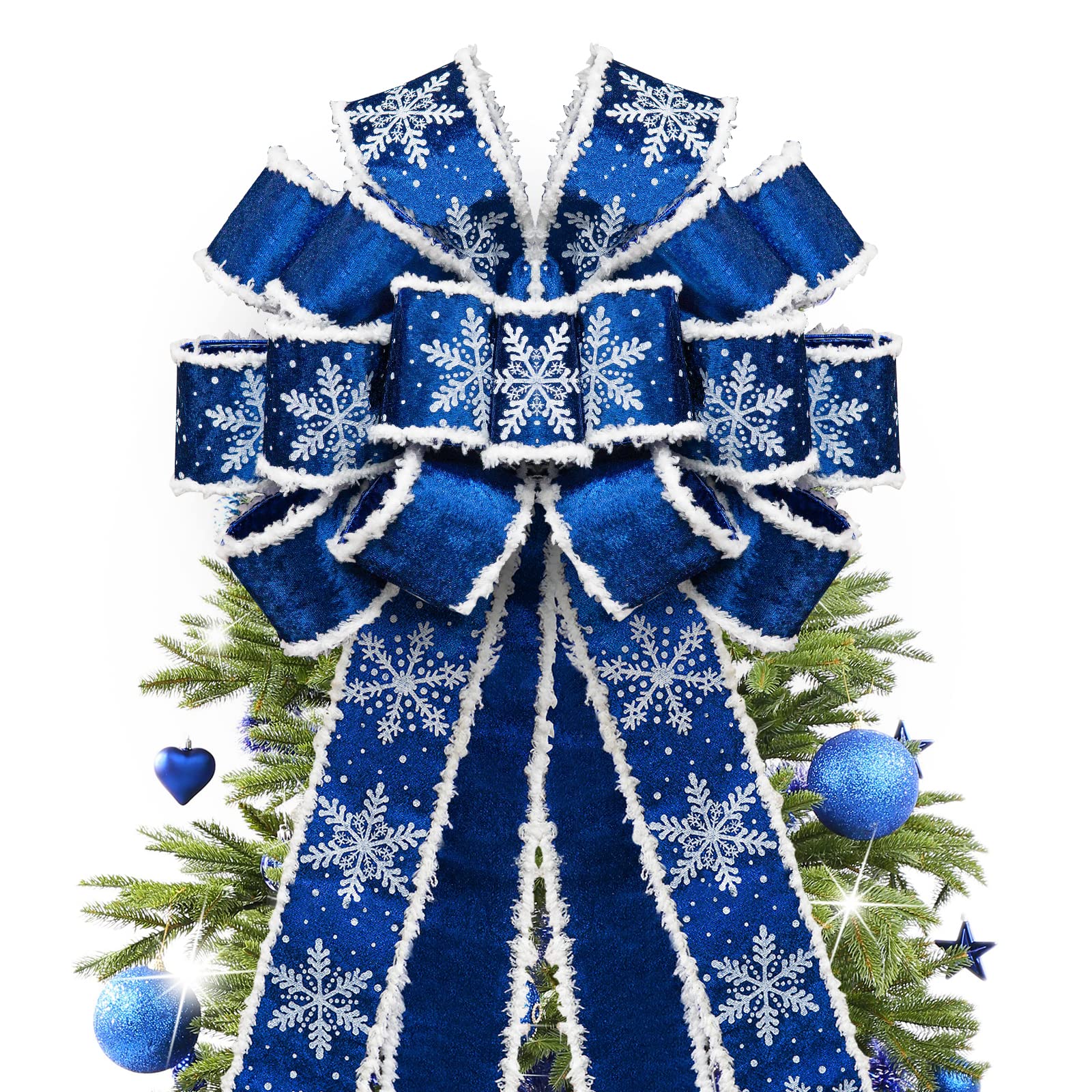 GOGOSY blue Christmas tree topper front view showing plush velvet and snowflake print for festive impact